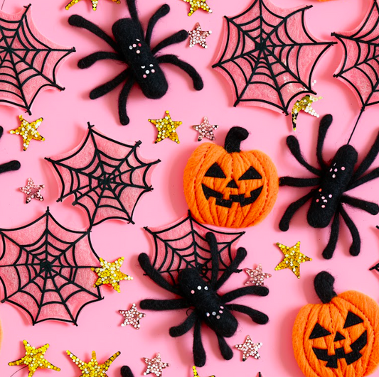 Faux 3D Pink Halloween Spider Webs & Pumpkins Bullet, DBP, Rib Knit, Velvet, Cotton Like Knits + other fabrics