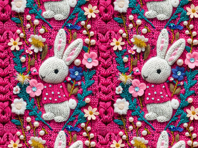 Faux Knitted Hot Pink Floral Easter Bunnies Bullet, DBP, Rib Knit, Velvet, Cotton Like Knits + other fabrics