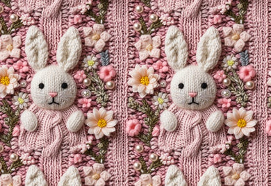 Faux Knitted Mauve Floral Easter Bunnies Bullet, DBP, Rib Knit, Velvet, Cotton Like Knits + other fabrics