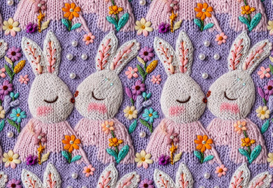 Faux Knitted Purple Floral Easter Bunnies Bullet, DBP, Rib Knit, Velvet, Cotton Like Knits + other fabrics