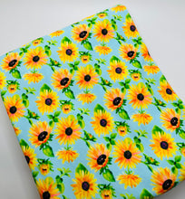 Load image into Gallery viewer, Pre-Order Bullet, DBP, Velvet and Rib Knit fabric Sky Blue Sunflower Floral makes great bows, head wraps, bummies, and more.