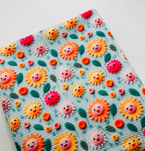 Made to Order Embroidery Happy Sunflower Floral Faux 3D Look Bullet, DBP, Rib Knit, Cotton Lycra + other fabrics