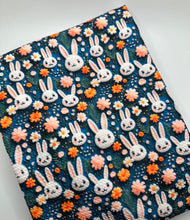 Load image into Gallery viewer, Made to Order Navy Embroidery Floral Easter Bunnies Faux 3D Look Bullet, DBP, Rib Knit, Cotton Lycra + other fabrics