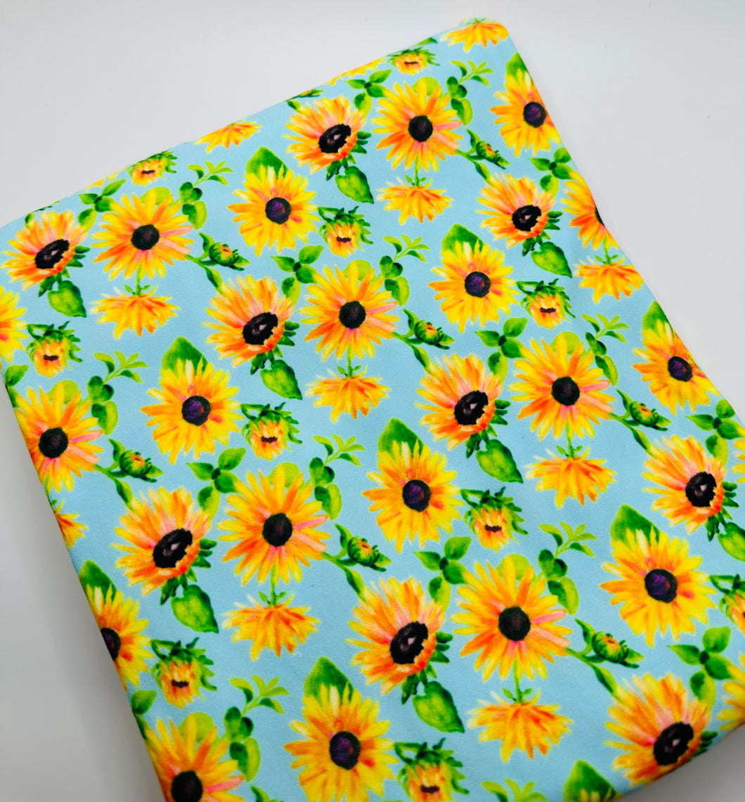 Ready to Ship French Terry Sky Blue Sunflower Floral makes great bows, head wraps, bummies, and more.