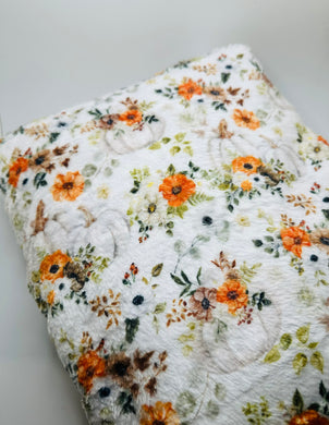 Ready to Ship Minky Fancy Fall Pumpkin Floral makes great blankets, towels, and more.