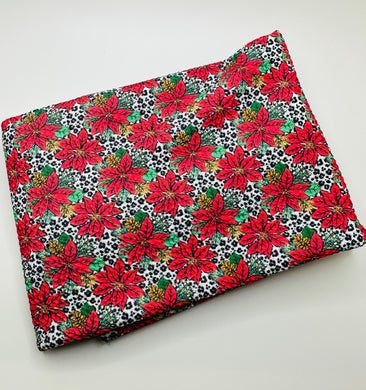 Pre-Order Cheetah Poinsette Christmas Floral Bullet, DBP, Rib Knit, Cotton Lycra + other fabrics