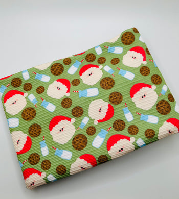 Ready to Ship Bullet fabric Green Santa's Christmas Cookies & Milk makes great bows, head wraps, bummies, and more.
