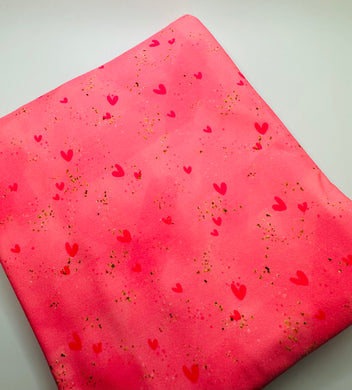 Ready to Ship French Terry Pink w/Faux Gold Flakes Valentine Hearts Shapes makes great bows, head wraps, bummies, and more.