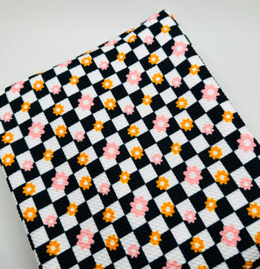 Ready to Ship Bullet fabric Retro Black & White Plaid Daisy Floral Shapes makes great bows, head wraps, bummies, and more.