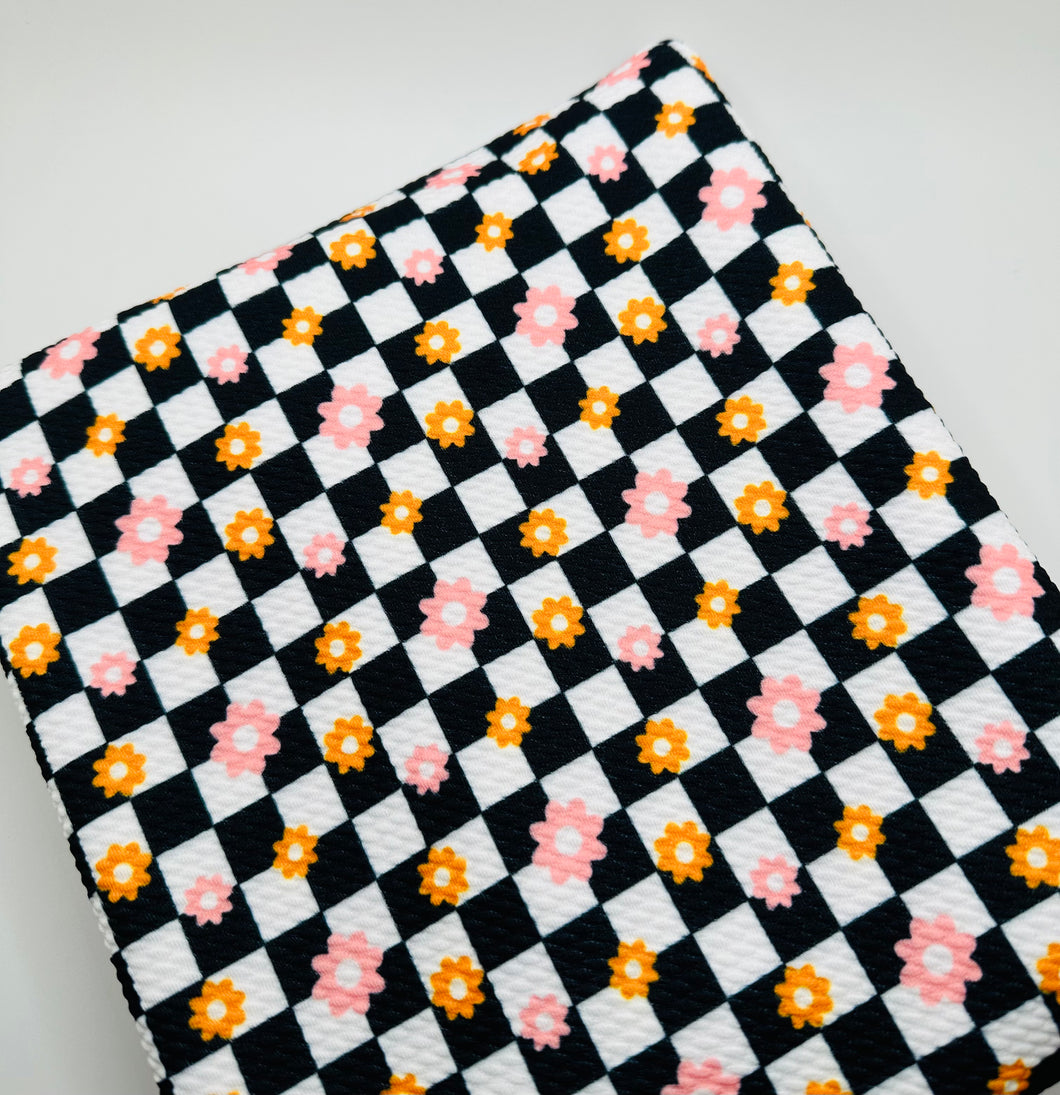 Ready to Ship Bullet fabric Retro Black & White Plaid Daisy Floral Shapes makes great bows, head wraps, bummies, and more.