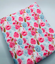 Load image into Gallery viewer, Pre-Order Bullet, DBP, Velvet and Rib Knit fabric Pink and Baby Blue Poppies Floral makes great bows, head wraps, bummies, and more.