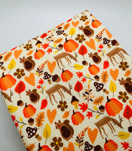 Ready to Ship Bullet fabric Autumn Creatures Fall Food Animals makes great bows, head wraps, bummies, and more.