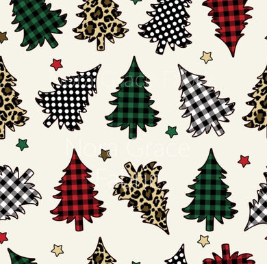 Pre-Order Gingham, Cheetah & Polka Dot Christmas Trees Bullet, DBP, Rib Knit, Cotton Lycra + other fabrics