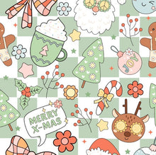 Load image into Gallery viewer, Groovy X-Mas Christmas Doodle in Cream, Pink and Plaid Backgrounds Bullet, DBP, Rib Knit, Velvet, Cotton Like Knits + other fabrics