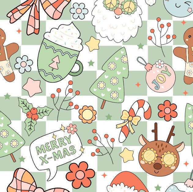 Groovy X-Mas Christmas Doodle in Cream, Pink and Plaid Backgrounds Bullet, DBP, Rib Knit, Velvet, Cotton Like Knits + other fabrics