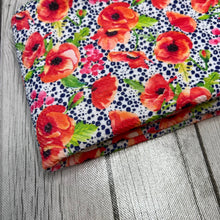 Load image into Gallery viewer, Ready to Ship Bullet fabric Dotted Orange Floral Shapes makes great bows, head wraps, bummies, and more.