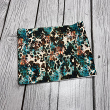Load image into Gallery viewer, Pre-Cut Bullet Fabric Strip Western Teal Cowhide Animals for headwraps, bows on nylons or clips 5.5-6x60