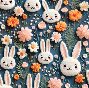 Made to Order Navy Embroidery Floral Easter Bunnies Faux 3D Look Bullet, DBP, Rib Knit, Cotton Lycra + other fabrics