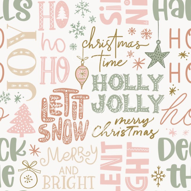 Pre-Order Pastel Christmas Quotes Bullet, DBP, Rib Knit, Cotton Lycra + other fabrics