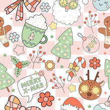 Load image into Gallery viewer, Groovy X-Mas Christmas Doodle in Cream, Pink and Plaid Backgrounds Bullet, DBP, Rib Knit, Velvet, Cotton Like Knits + other fabrics