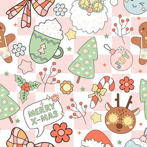 Groovy X-Mas Christmas Doodle in Cream, Pink and Plaid Backgrounds Bullet, DBP, Rib Knit, Velvet, Cotton Like Knits + other fabrics