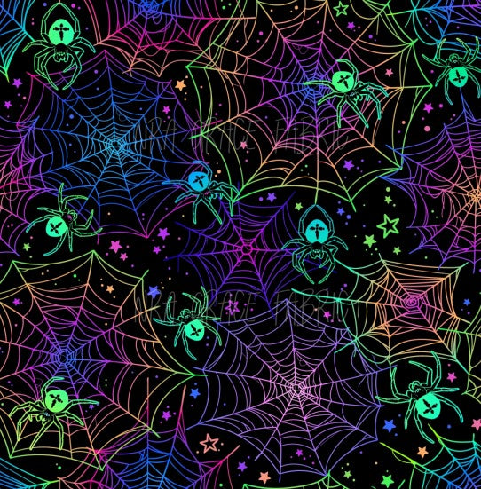 Pre-Order Rainbow Halloween Spiderwebs Bullet, DBP, Rib Knit, Cotton Lycra + other fabrics