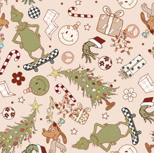 Load image into Gallery viewer, Retro Grinch Christmas Character in White, Plaid, Cream, Rust or Green Background Bullet, DBP, Rib Knit + other fabrics