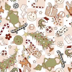 Retro Grinch Christmas Character in White, Plaid, Cream, Rust or Green Background Bullet, DBP, Rib Knit + other fabrics