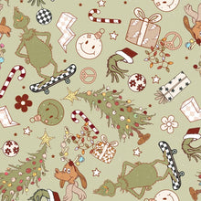 Load image into Gallery viewer, Retro Grinch Christmas Character in White, Plaid, Cream, Rust or Green Background Bullet, DBP, Rib Knit + other fabrics