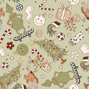 Retro Grinch Christmas Character in White, Plaid, Cream, Rust or Green Background Bullet, DBP, Rib Knit + other fabrics