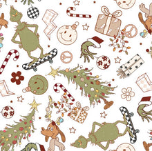 Load image into Gallery viewer, Retro Grinch Christmas Character in White, Plaid, Cream, Rust or Green Background Bullet, DBP, Rib Knit + other fabrics