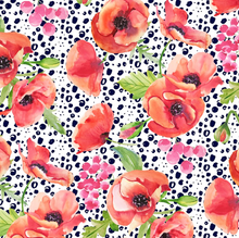 Load image into Gallery viewer, Ready to Ship Bullet fabric Dotted Orange Floral Shapes makes great bows, head wraps, bummies, and more.