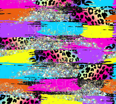 Pre-Order Rainbow Cheetah W/Faux Glitter Brushstroke Animals Bullet, DBP, Rib Knit, Cotton Lycra + other fabrics