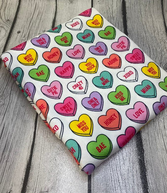 Ready to Ship DBP fabric Conversation Hearts Valentine Food Shapes makes great bows, head wraps, bummies, and more.