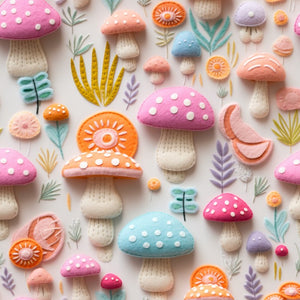 Made to Order 3D Faux Felt Spring Mushroom Land Floral Bullet, DBP, Rib Knit, Cotton Lycra + other fabrics