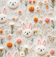 Load image into Gallery viewer, Made to Order White Embroidery Floral Easter Bunnies Faux 3D Embroidery Look Bullet, DBP, Rib Knit, Cotton Lycra + other fabrics