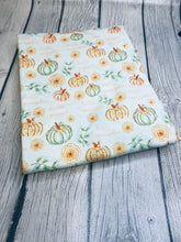 Load image into Gallery viewer, Ready to Ship DBP fabric Baby Blue Hello Pumpkin Fall Food Title makes great bows, head wraps, bummies, and more.