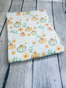 Ready to Ship DBP fabric Baby Blue Hello Pumpkin Fall Food Title makes great bows, head wraps, bummies, and more.