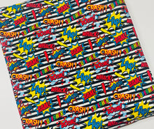 Load image into Gallery viewer, Ready to Ship DBP Striped Superhero Words Boys makes great bows, head wraps, bummies, and more.