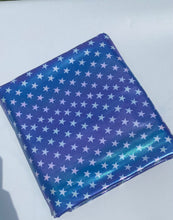 Load image into Gallery viewer, Ready to Ship Holographic Fabric Fourth of July Blue White Stars Shapes makes great bows, headwraps, bummies , and more