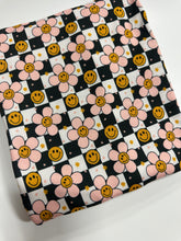 Load image into Gallery viewer, Pre-Order Black &amp; White Plaid Retro Smiley Face Floral Bullet, DBP, Rib Knit, Cotton Lycra + other fabrics