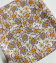 Load image into Gallery viewer, Ready to Ship Bullet fabric Lavender Daisy Smiley Face Floral Girl Print makes great bows, head wraps, bummies, and more.