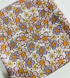 Ready to Ship Bullet fabric Lavender Daisy Smiley Face Floral Girl Print makes great bows, head wraps, bummies, and more.