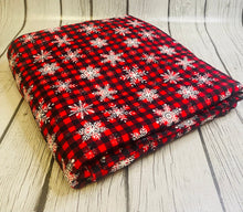 Load image into Gallery viewer, Ready to Ship DBP fabric Buffalo Plaid Snowflakes Christmas makes great bows, head wraps, bummies, and more.