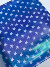 Load image into Gallery viewer, Ready to Ship Holographic Fabric Fourth of July Blue White Stars Shapes makes great bows, headwraps, bummies , and more