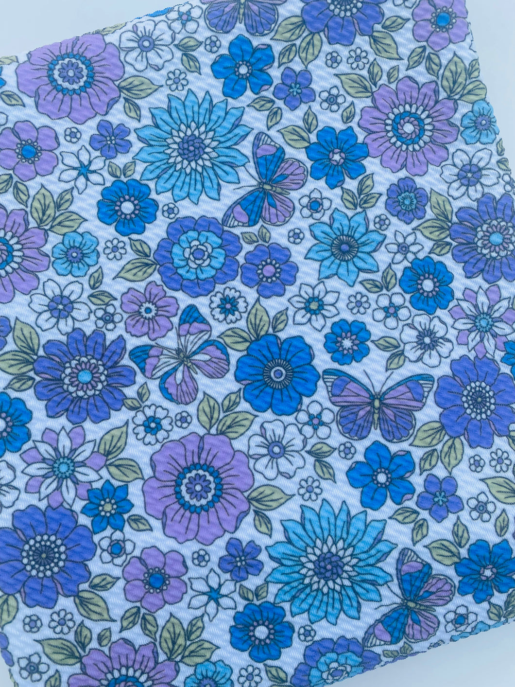 Pre-Order Periwinkle, Lavender and White Floral Butterflies Bullet, DBP, Rib Knit, Cotton Lycra + other fabrics