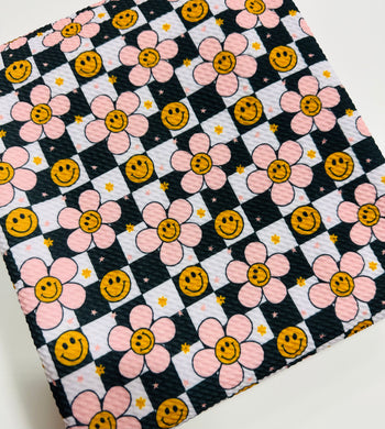 Ready to Ship Bullet fabric Black & White Plaid Retro Smiley Face Floral makes great bows, head wraps, bummies, and more.