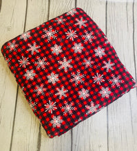 Load image into Gallery viewer, Ready to Ship DBP fabric Buffalo Plaid Snowflakes Christmas makes great bows, head wraps, bummies, and more.