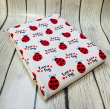 Load image into Gallery viewer, Ready to Ship Bullet fabric Love Bug Valentine Title Animal  makes great bows, head wraps, bummies, and more.