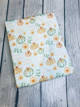 Load image into Gallery viewer, Ready to Ship DBP fabric Baby Blue Hello Pumpkin Fall Food Title makes great bows, head wraps, bummies, and more.